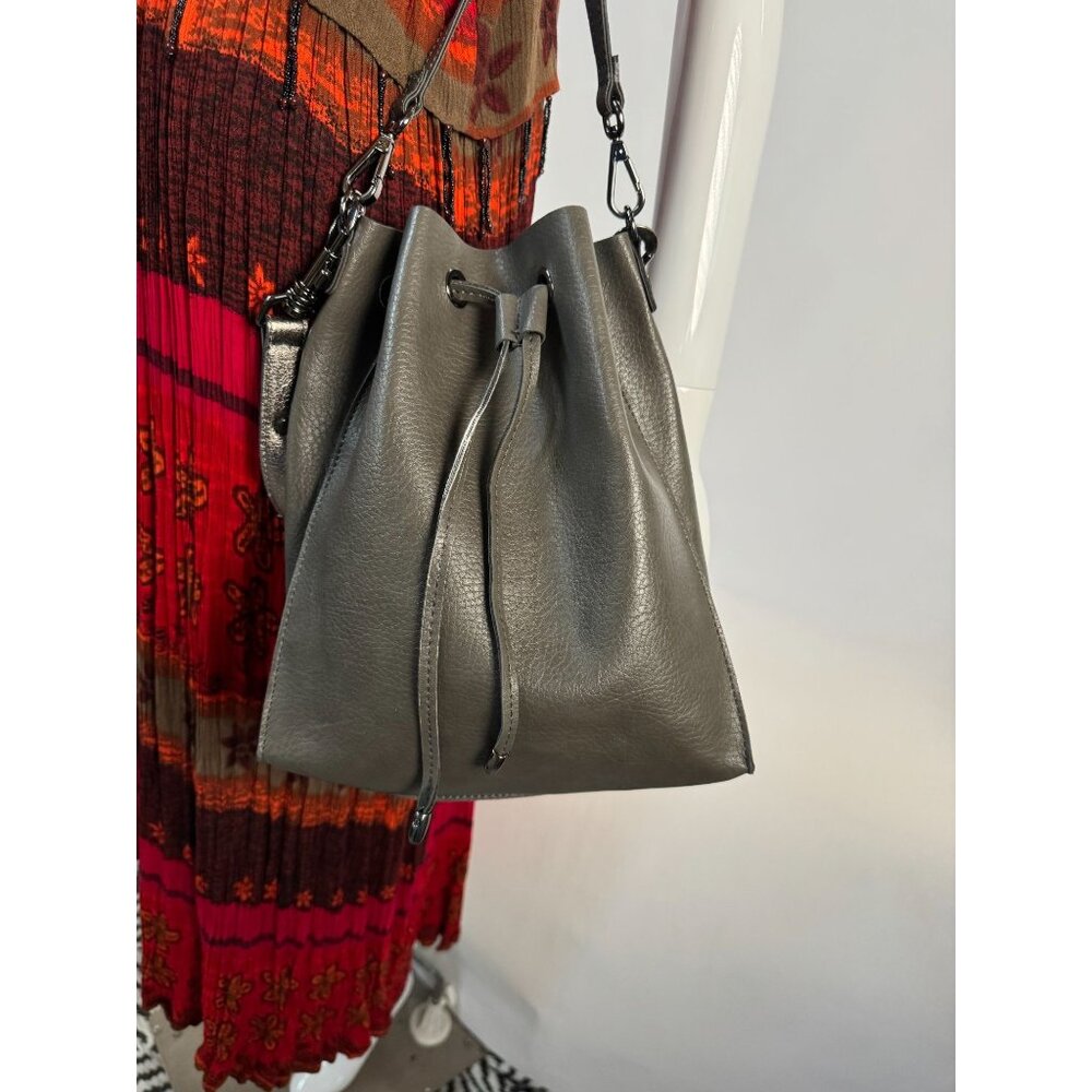 Neiman Marcus Gray Leather Look Drawstring Crossbody Bag Adjustable Strap